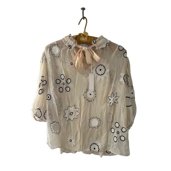 NWT Rebecca Taylor Parasol Embroidered Bow Blouse in Neutral | S - Picture 3 of 12